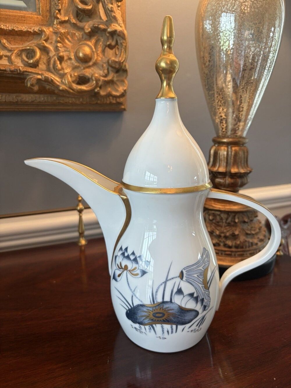 J.L. Couquet Limoges France Arabic Coffee Pot Blue White Gold